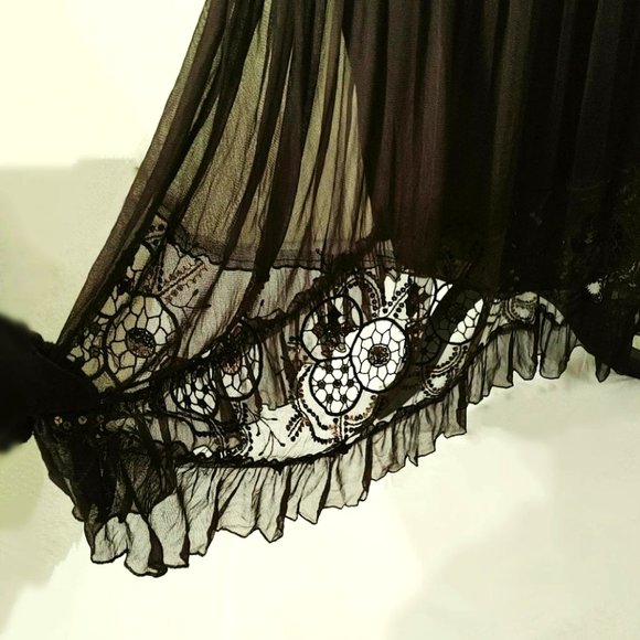 Elegant Brown Midi Flowy Skirt Mesh Sequin Cut-out Lace Lined Elastic Waistline - Picture 4 of 9